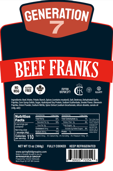 Generation 7 Beef Franks | 12x13oz Retail Packs - Glatt Kosher
