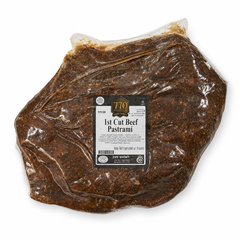 Packaged 1st Cut Beef Pastrami with a label on a white background
