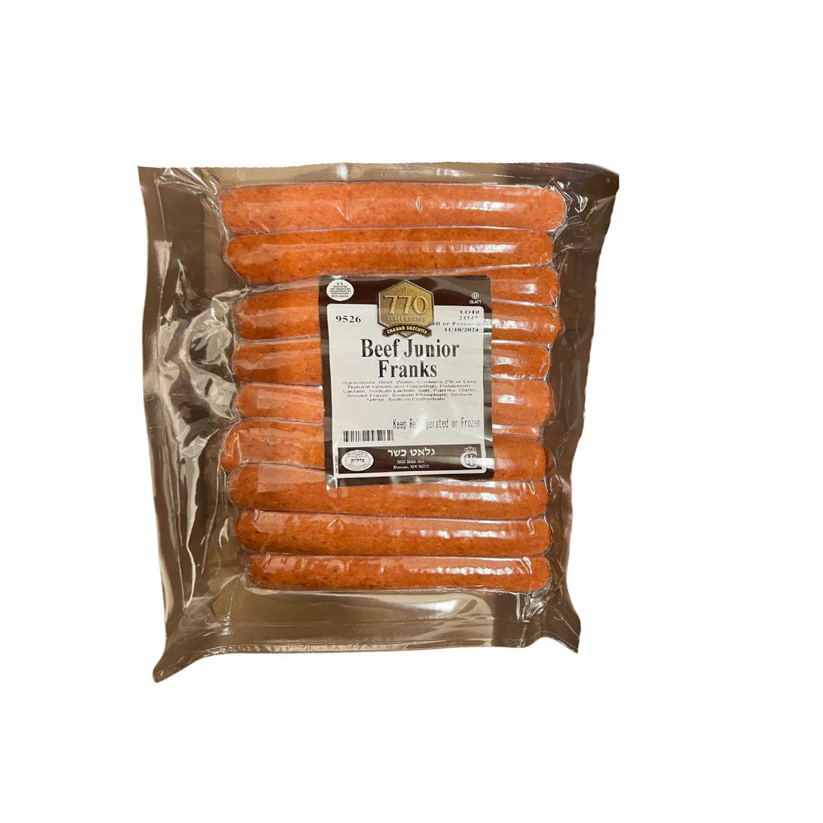 Beef Hot Dogs - (8 to the lb) - 80 pcs - Solomons & 770 Glatt Kosher