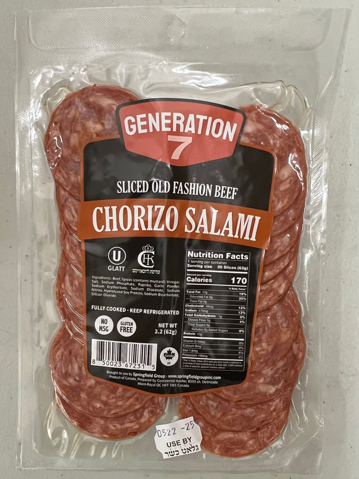Generation 7 Sliced Old Fashion Beef Chorizo Salami | 20x2.2oz packs