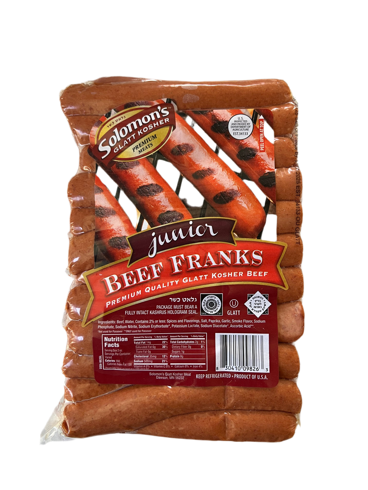 Beef Hot Dogs - (10 to the lb) - 100pcs - Solomons & 770 Glatt Kosher