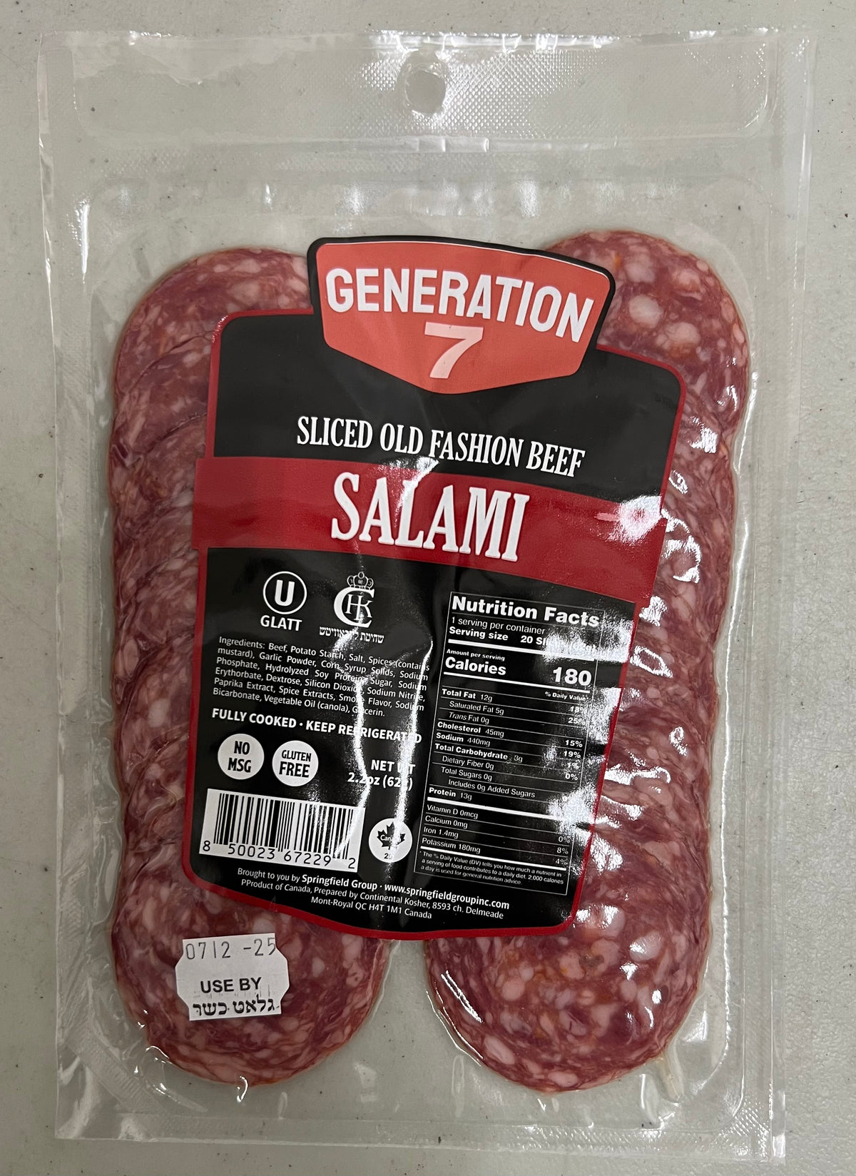 Generation 7 Sliced Old Fashion Beef Salami | 20x2.2oz packs