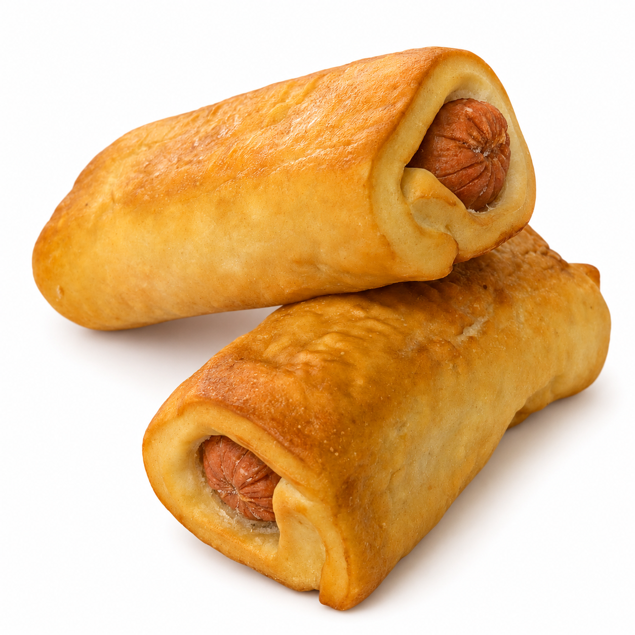 Two pretzel dogs on a white background - kosher