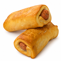 Two pretzel dogs on a white background - kosher