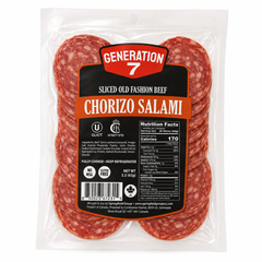 Packaged chorizo salami with Generation 7 label on a white background