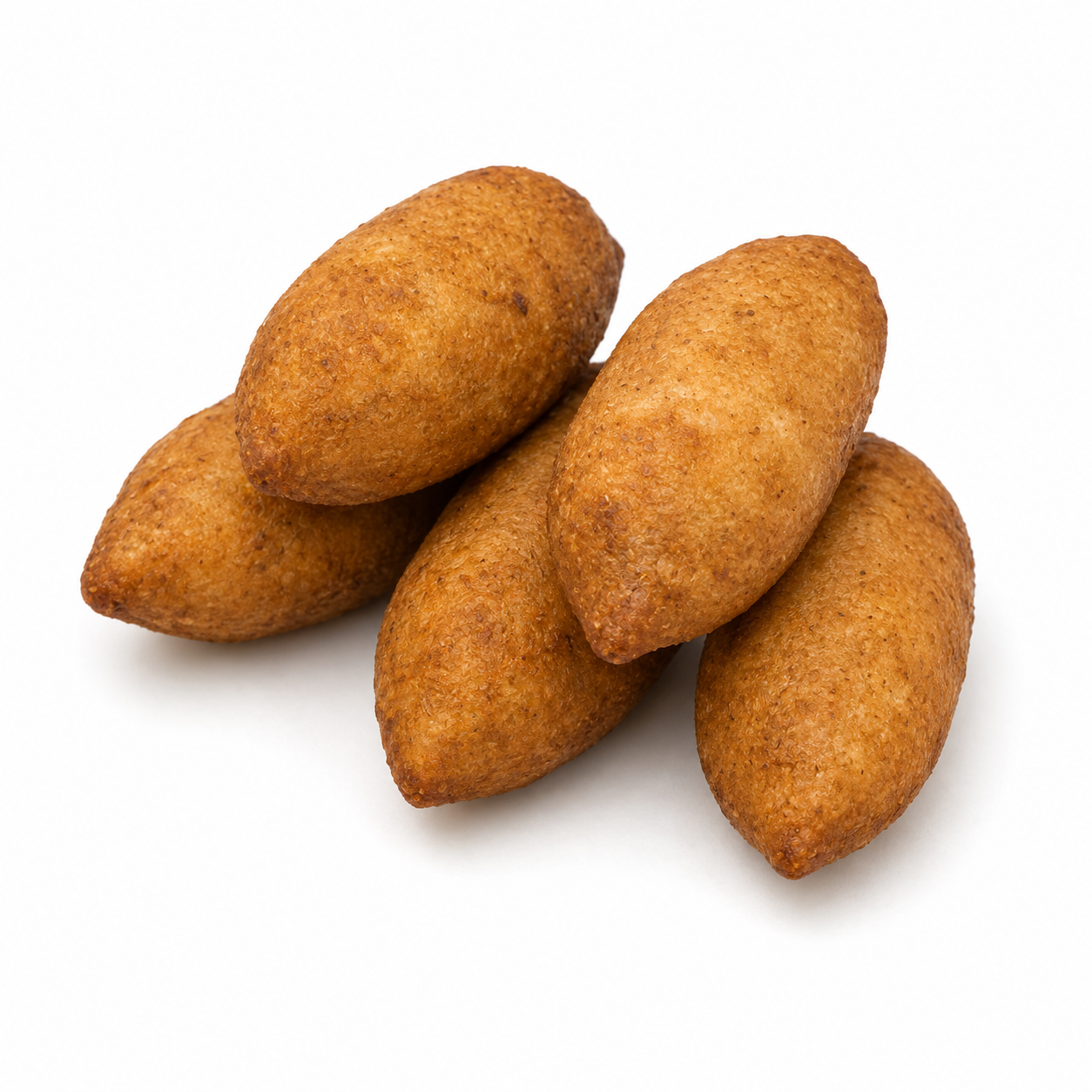 Five brown fried dough balls known as Kibbeh on a white background