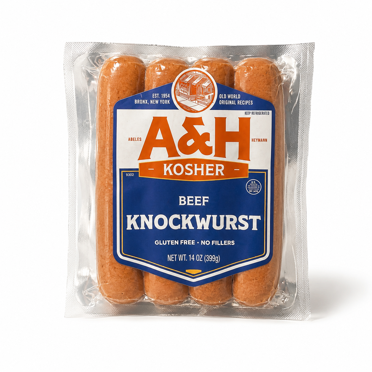 Packaged beef knockwurst with A&H Kosher label on a white background