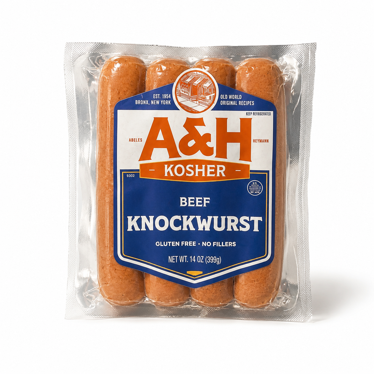 Packaged beef knockwurst with A&H Kosher label on a white background