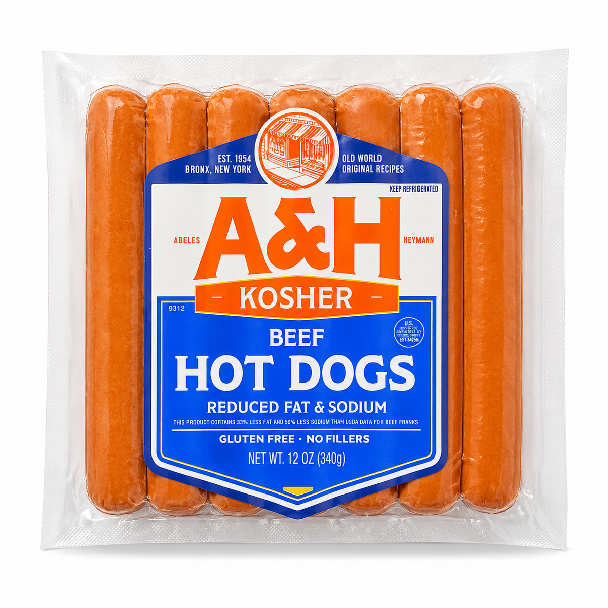 A&H Reduced Fat & Sodium All Beef Kosher Hot Dogs 12/12oz. (No Nitrates)