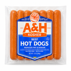A&H Reduced Fat & Sodium All Beef Kosher Hot Dogs 12/12oz. (No Nitrates)
