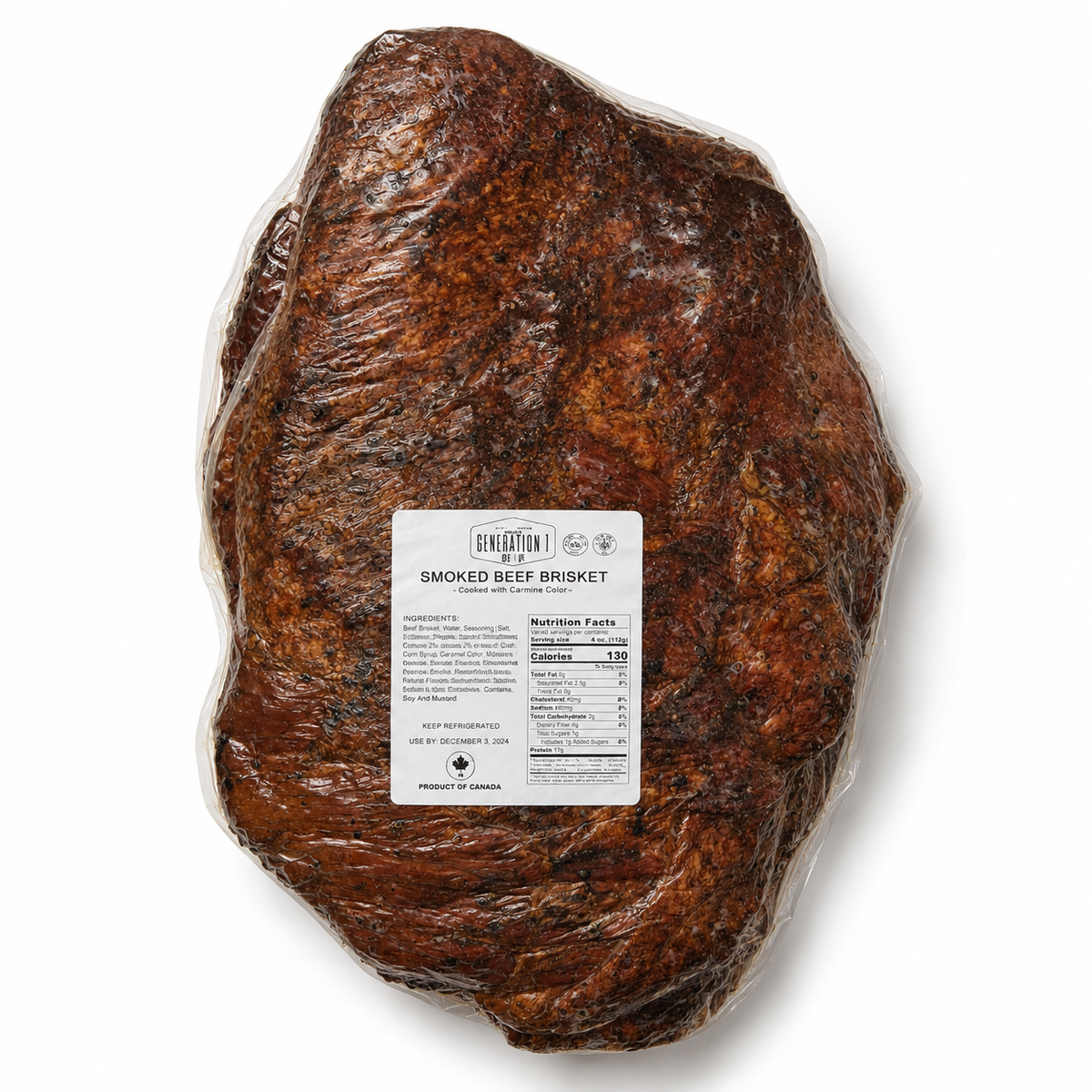 Smoked beef brisket with a label on a white background